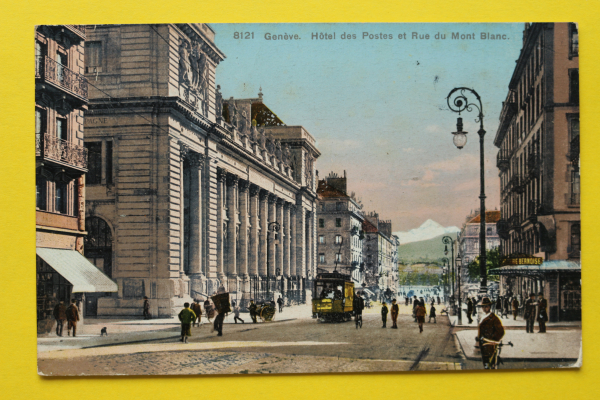 Ansichtskarte AK Genf / Post / 1909 / Straßenansicht Mont Blanc – Straßenbahn – Geschäfte
